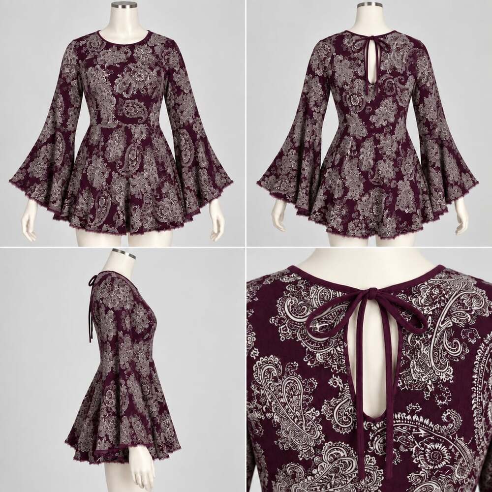 Ecote Urban Outfitters Dress Size 2 Burgundy Paisley Bell Sleeve Boho Mini